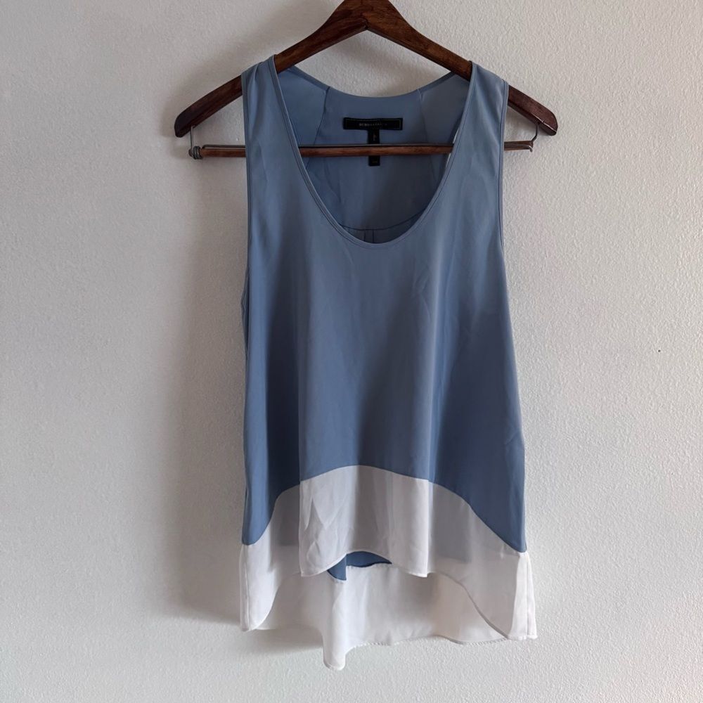 BCBGMaxazria High Low Semi Sheer Color block Tank Top XXS Blue & White